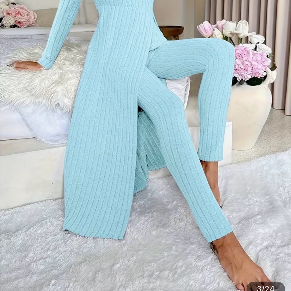 Elegant Light Blue Ribbed Jumpsuit